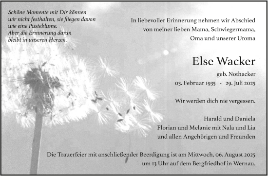 Traueranzeige von Else Wacker von Eßlinger Zeitung