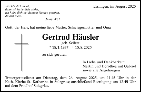 Traueranzeige von Gertrud Häusler von Eßlinger Zeitung
