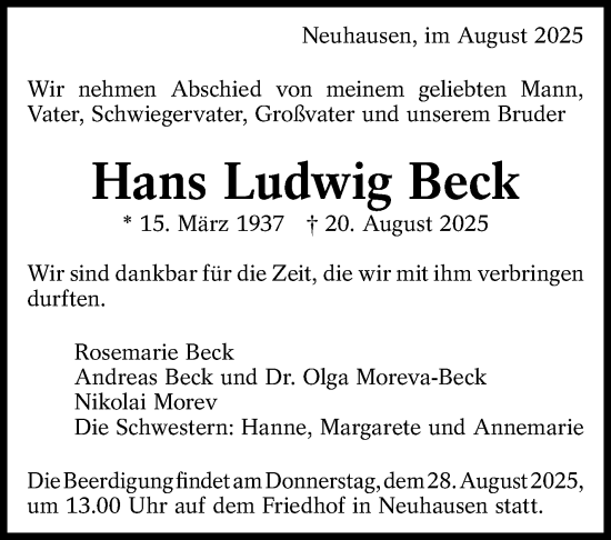 Traueranzeige von Hans Ludwig Beck von Eßlinger Zeitung
