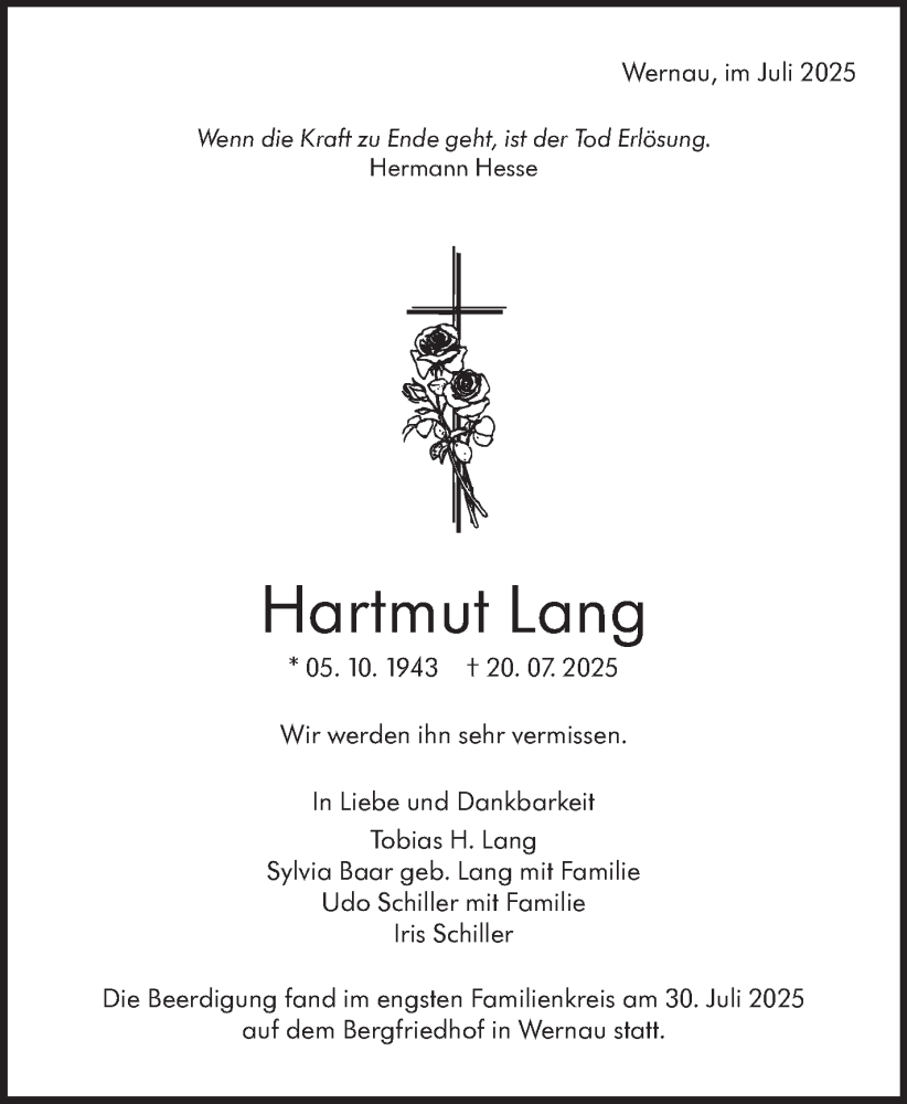  Traueranzeige für Hartmut Lang vom 02.08.2025 aus Eßlinger Zeitung