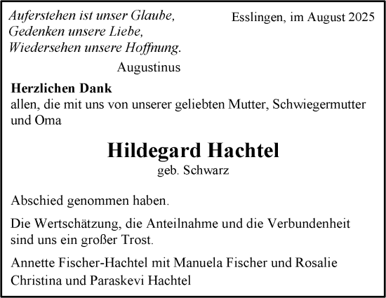 Traueranzeige von Hildegard Hachtel von Eßlinger Zeitung