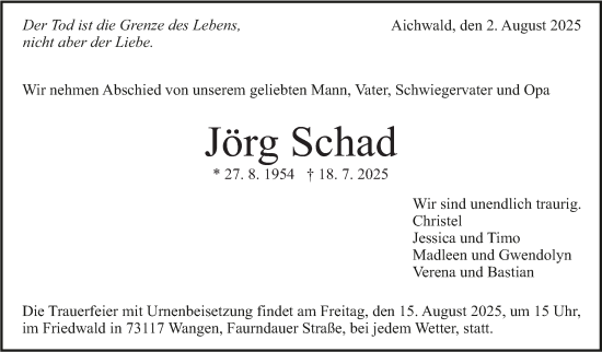 Traueranzeige von Jörg Schad von Eßlinger Zeitung