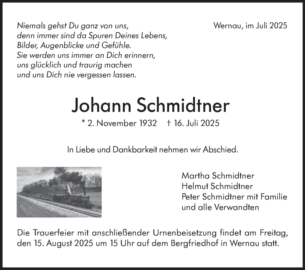  Traueranzeige für Johann Schmidtner vom 09.08.2025 aus Eßlinger Zeitung