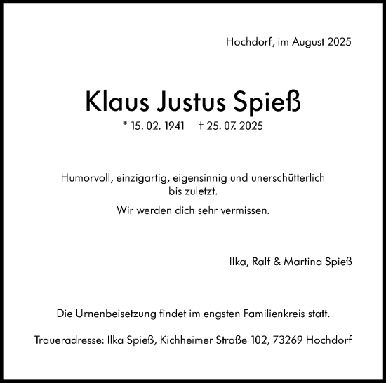 Traueranzeige von Klaus Justus Spieß von Eßlinger Zeitung