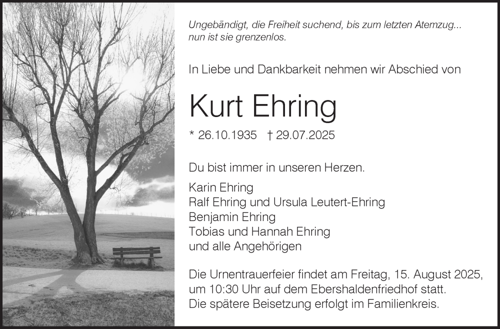  Traueranzeige für Kurt Ehring vom 02.08.2025 aus Eßlinger Zeitung