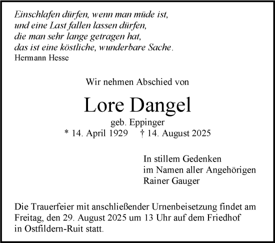 Traueranzeige von Lore Dangel von Eßlinger Zeitung