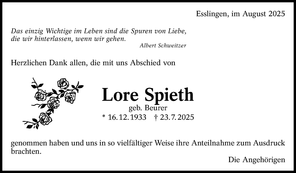  Traueranzeige für Lore Spieth vom 16.08.2025 aus Eßlinger Zeitung