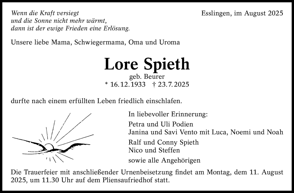  Traueranzeige für Lore Spieth vom 02.08.2025 aus Eßlinger Zeitung