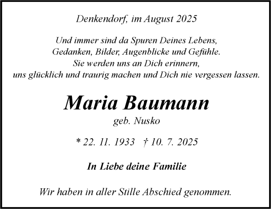 Traueranzeige von Maria Baumann von Eßlinger Zeitung
