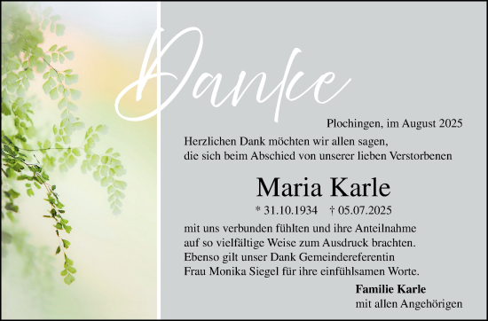 Traueranzeige von Maria Karle von Eßlinger Zeitung