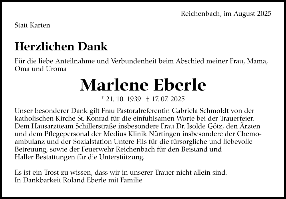  Traueranzeige für Marlene Eberle vom 16.08.2025 aus Eßlinger Zeitung