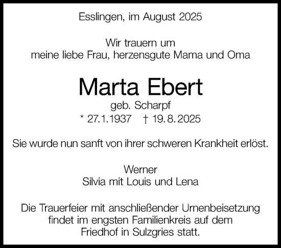 Traueranzeige von Marta Ebert von Eßlinger Zeitung