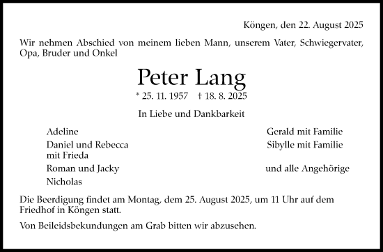 Traueranzeige von Peter Lang von Eßlinger Zeitung