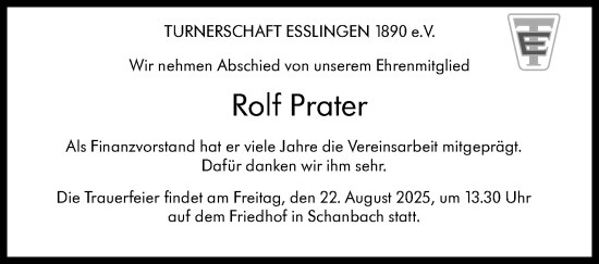 Traueranzeige von Rolf Prater von Eßlinger Zeitung