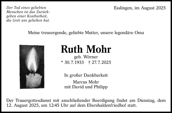 Traueranzeige von Ruth Mohr von Eßlinger Zeitung