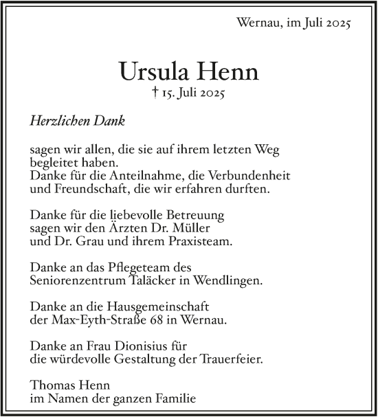 Traueranzeige von Ursula Henn von Eßlinger Zeitung