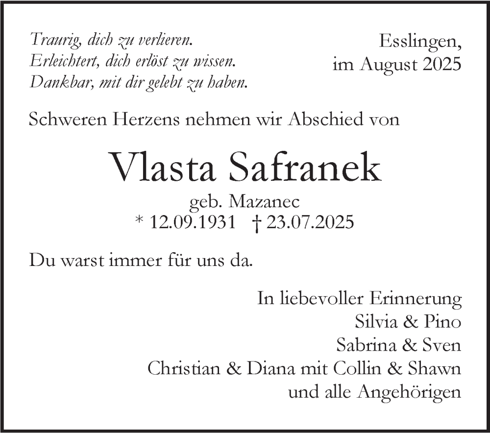  Traueranzeige für Vlasta Safranek vom 02.08.2025 aus Eßlinger Zeitung