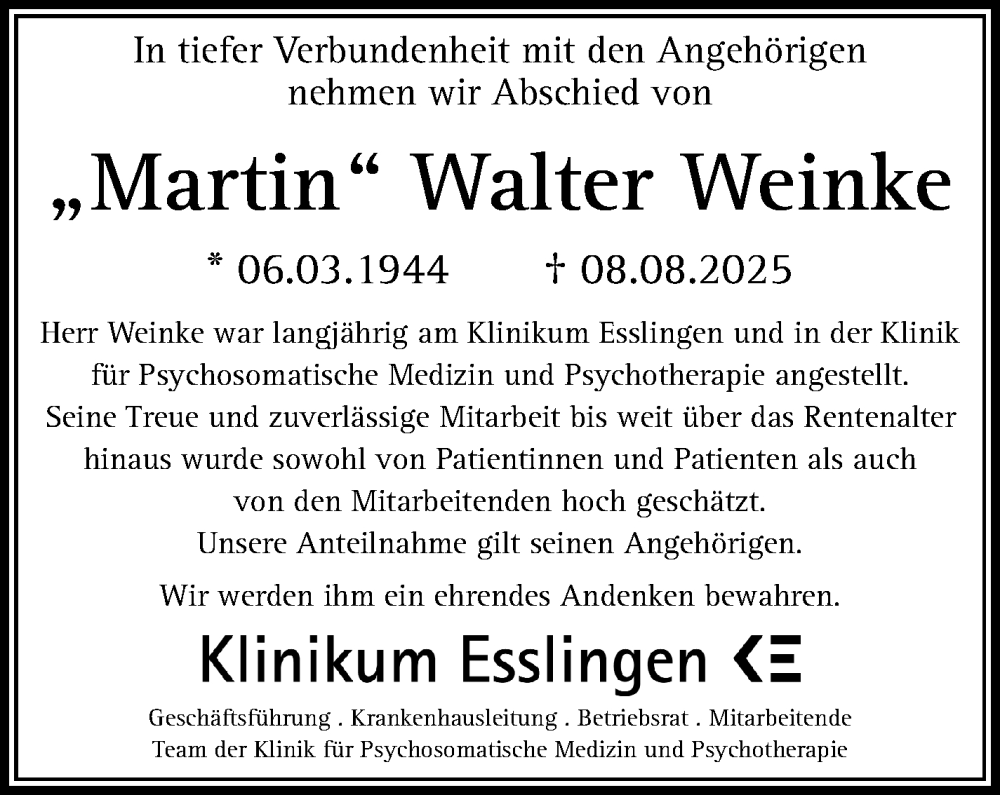  Traueranzeige für Walter Weinke vom 19.08.2025 aus Eßlinger Zeitung