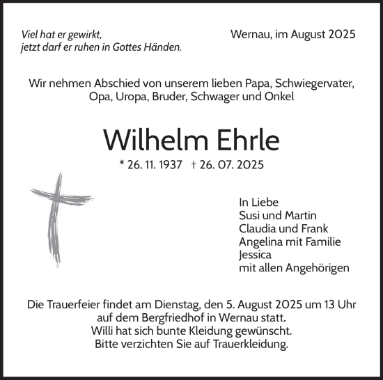 Traueranzeige von Wilhelm Ehrle von Eßlinger Zeitung