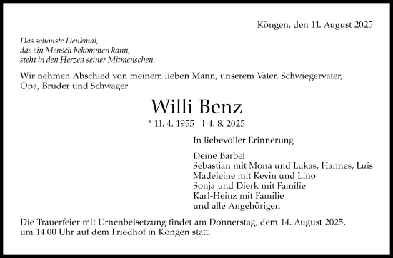 Traueranzeige von Willi Benz von Eßlinger Zeitung