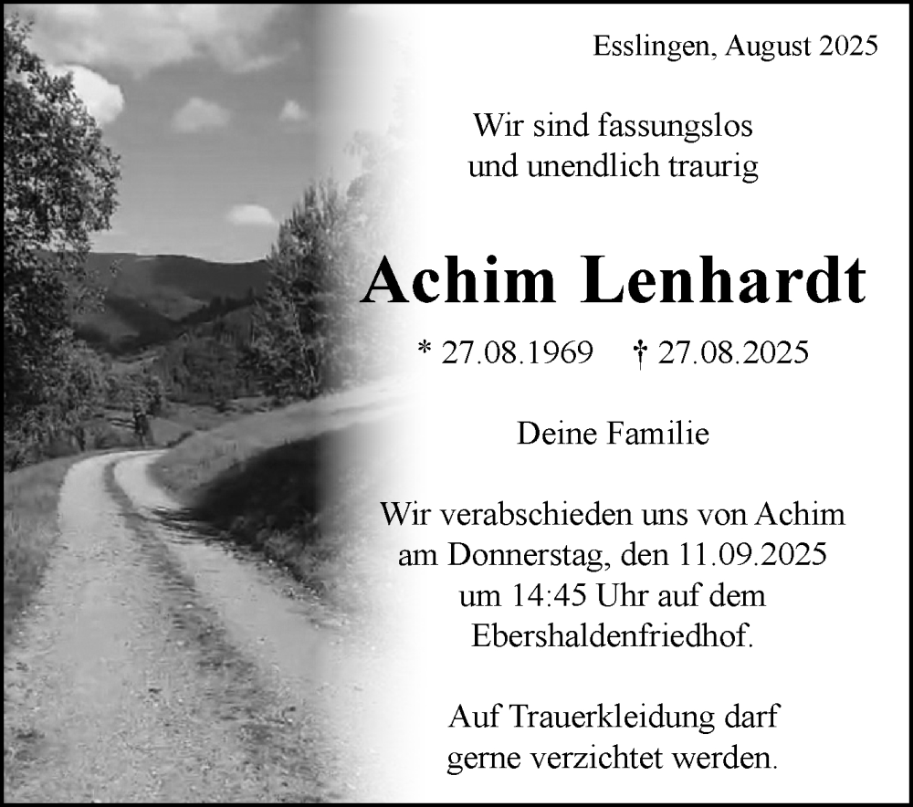  Traueranzeige für Achim Lenhardt vom 08.09.2025 aus Eßlinger Zeitung