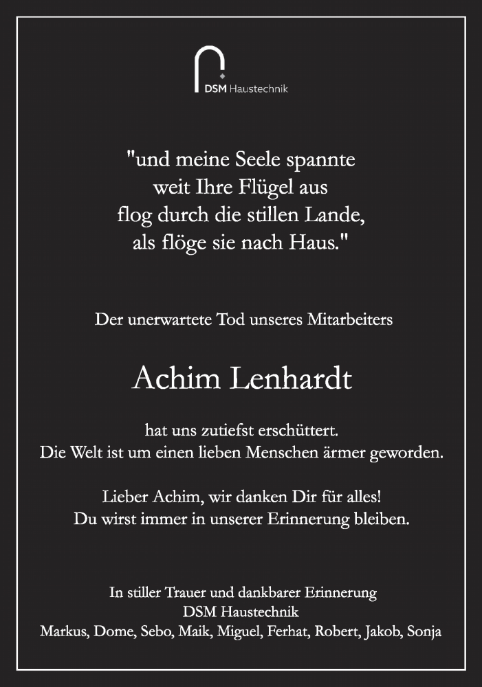  Traueranzeige für Achim Lenhardt vom 12.09.2025 aus Eßlinger Zeitung