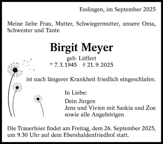 Traueranzeige von Birgit Meyer von Eßlinger Zeitung