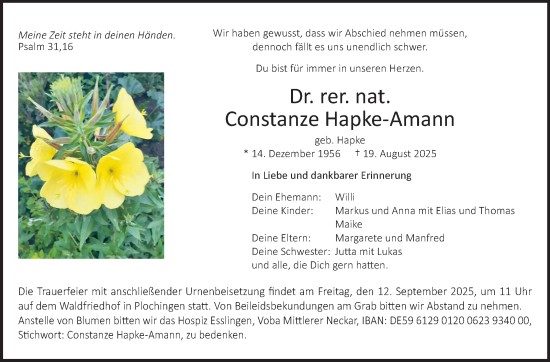 Traueranzeige von Constanze Hapke-Amann von Eßlinger Zeitung
