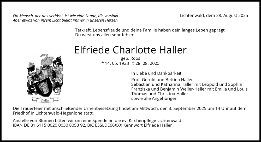  Traueranzeige für Elfriede Charlotte Haller vom 30.08.2025 aus Eßlinger Zeitung
