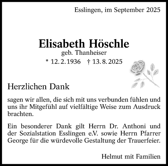 Traueranzeige von Elisabeth Höschle von Eßlinger Zeitung