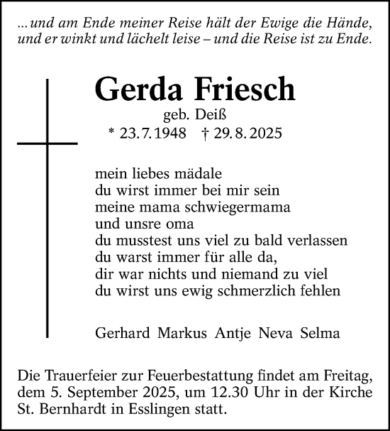 Traueranzeige von Gerda Friesch von Eßlinger Zeitung