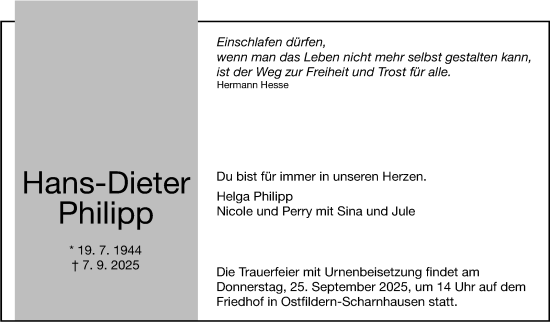 Traueranzeige von Hans-Dieter Philipp von Eßlinger Zeitung