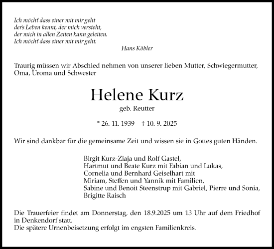 Traueranzeige von Helene Kurz von Eßlinger Zeitung