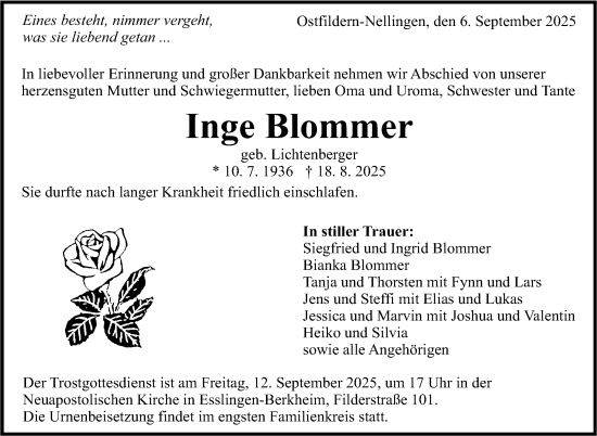 Traueranzeige von Inge Blommer von Eßlinger Zeitung