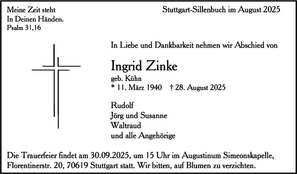  Traueranzeige für Ingrid Zinke vom 20.09.2025 aus Eßlinger Zeitung