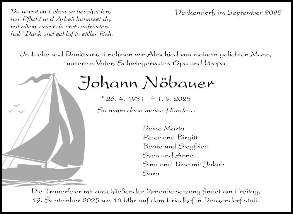  Traueranzeige für Johann Nöbauer vom 11.09.2025 aus Eßlinger Zeitung