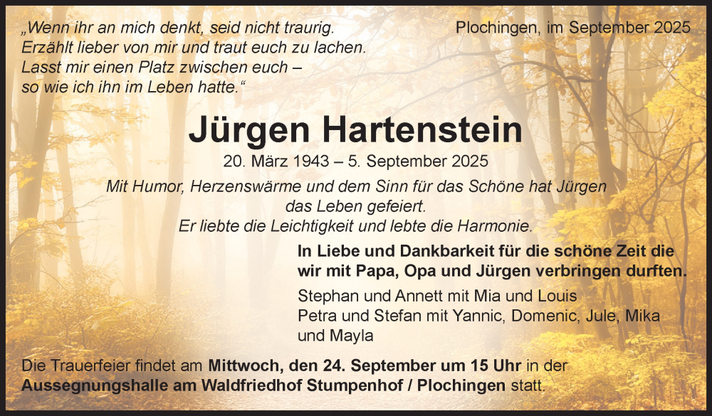  Traueranzeige für Jürgen Hartenstein vom 13.09.2025 aus Eßlinger Zeitung