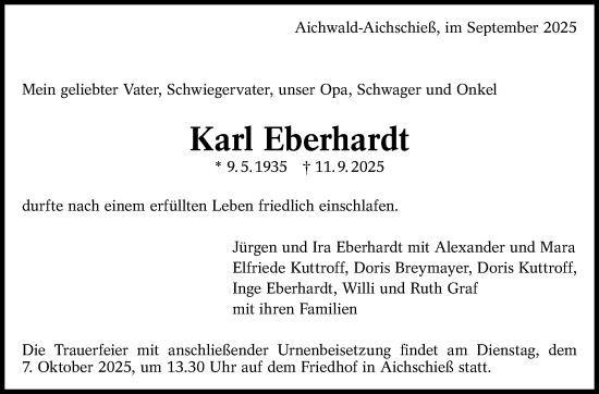 Traueranzeige von Karl Eberhardt von Eßlinger Zeitung
