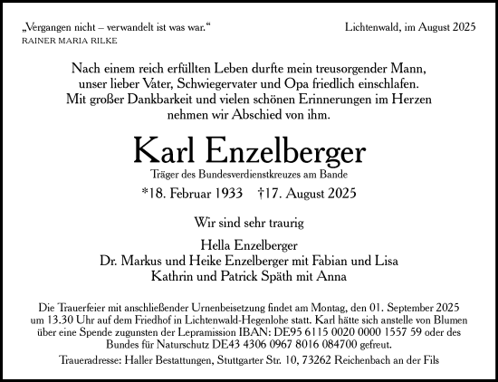 Traueranzeige von Karl Enzelberger von Eßlinger Zeitung