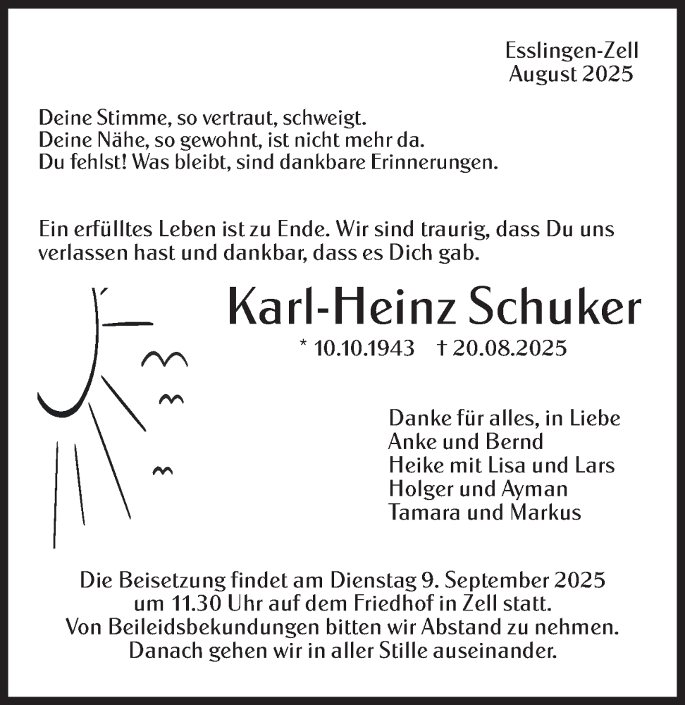  Traueranzeige für Karl-Heinz Schuker vom 02.09.2025 aus Eßlinger Zeitung
