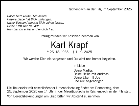 Traueranzeige von Karl Krapf von Eßlinger Zeitung