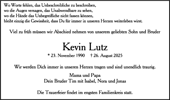 Traueranzeige von Kevin Lutz von Eßlinger Zeitung