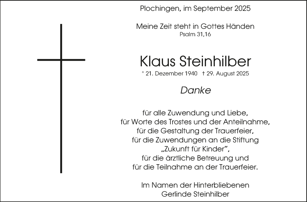  Traueranzeige für Klaus Steinhilber vom 13.09.2025 aus Eßlinger Zeitung