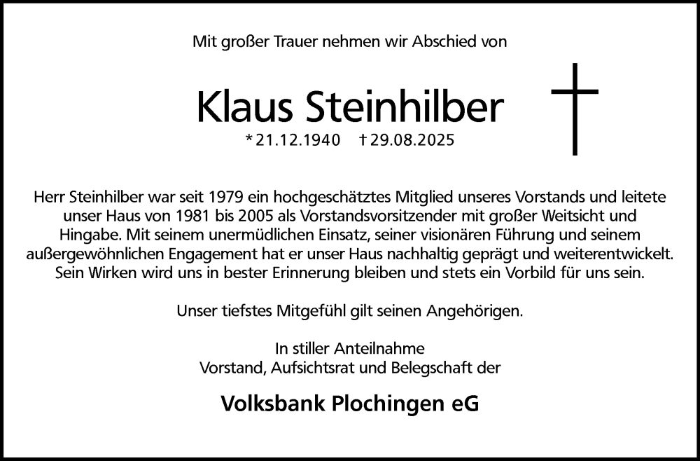  Traueranzeige für Klaus Steinhilber vom 03.09.2025 aus Eßlinger Zeitung
