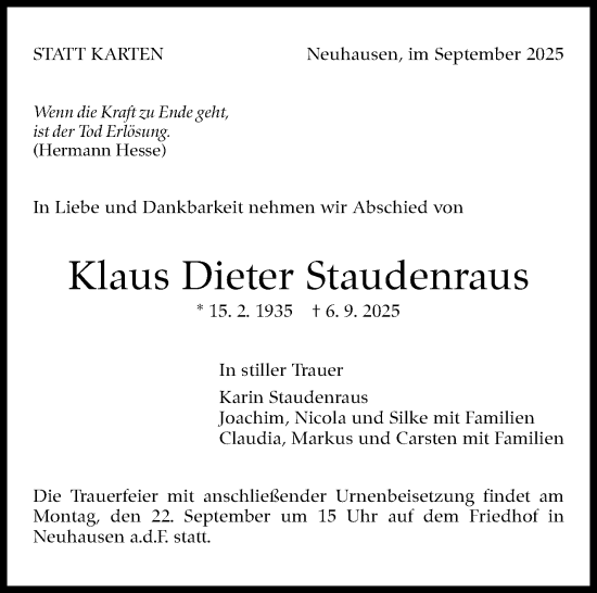 Traueranzeige von Klaus Dieter Staudenraus von Eßlinger Zeitung