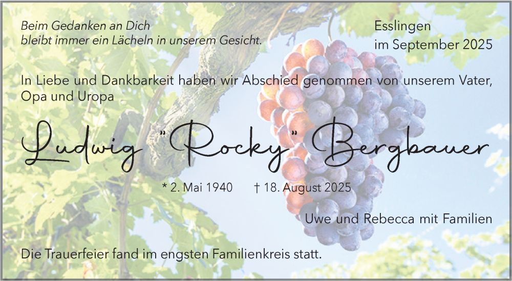  Traueranzeige für Ludwig Bergbauer vom 22.09.2025 aus Eßlinger Zeitung