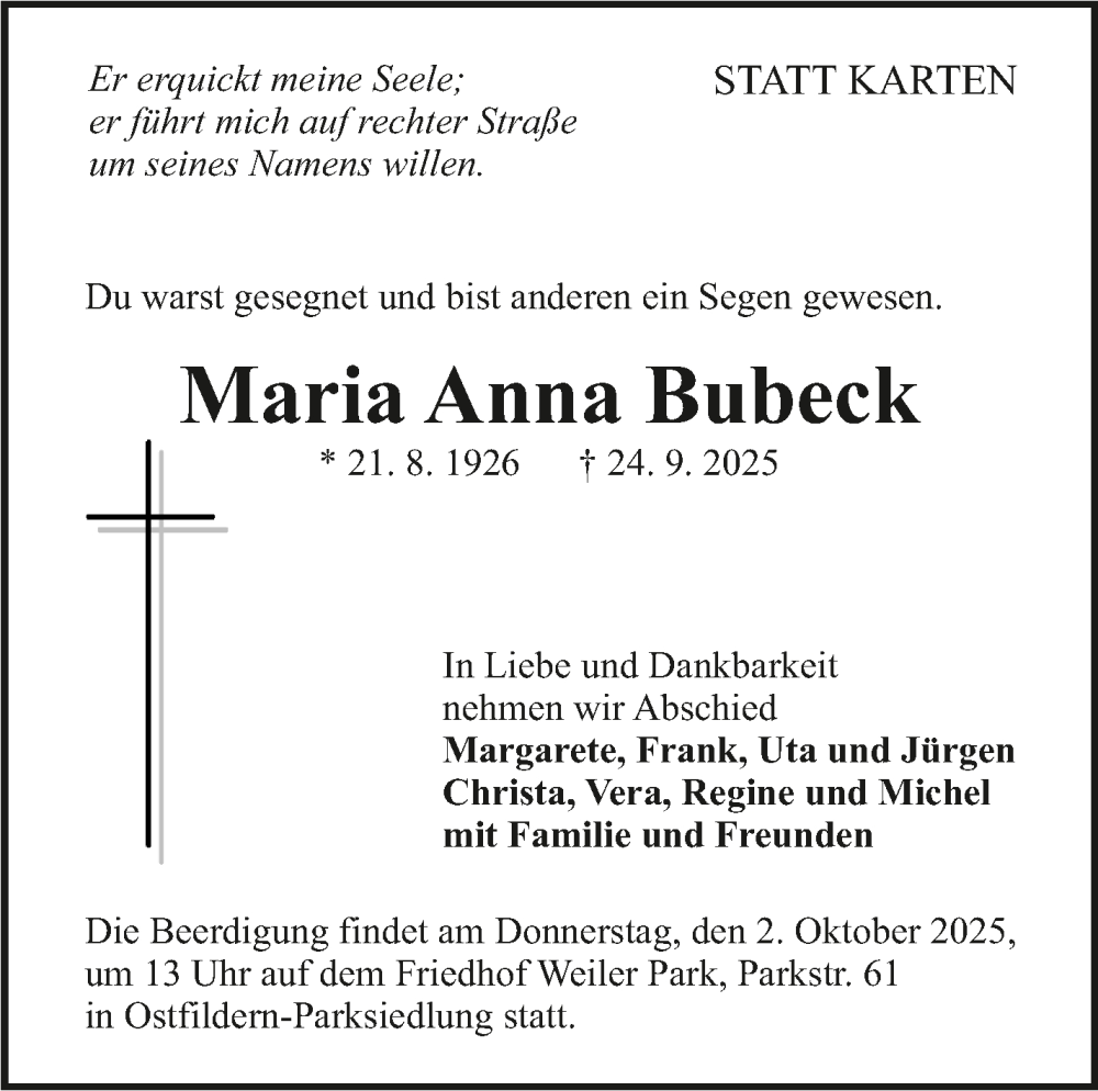  Traueranzeige für Maria Anna Bubeck vom 30.09.2025 aus Eßlinger Zeitung