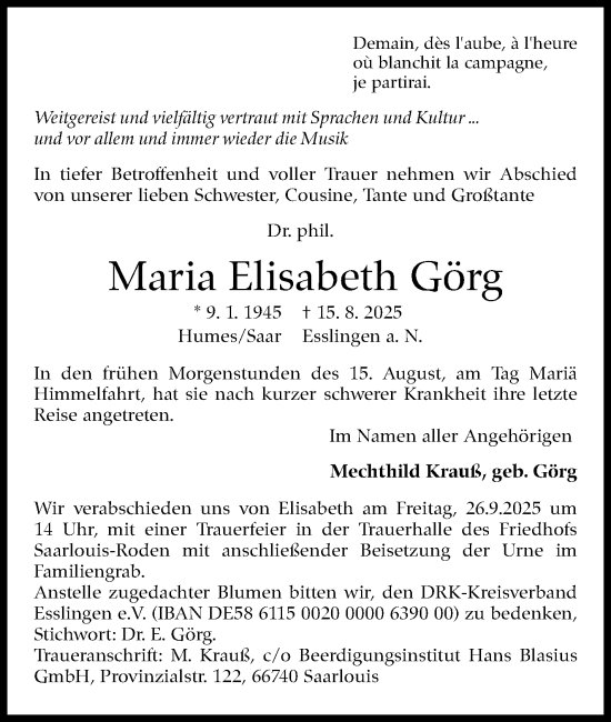 Traueranzeige von Maria Elisabeth Görg von Eßlinger Zeitung