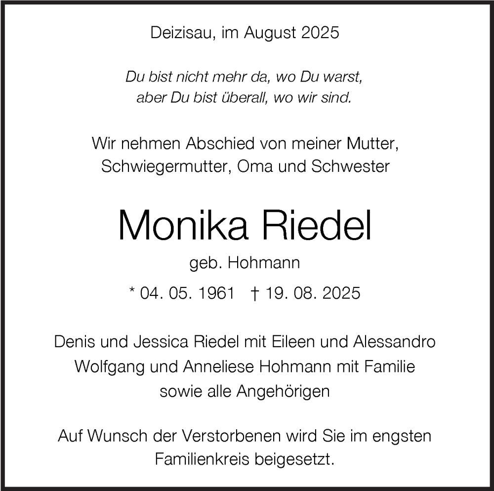  Traueranzeige für Monika Riedel vom 29.08.2025 aus Eßlinger Zeitung