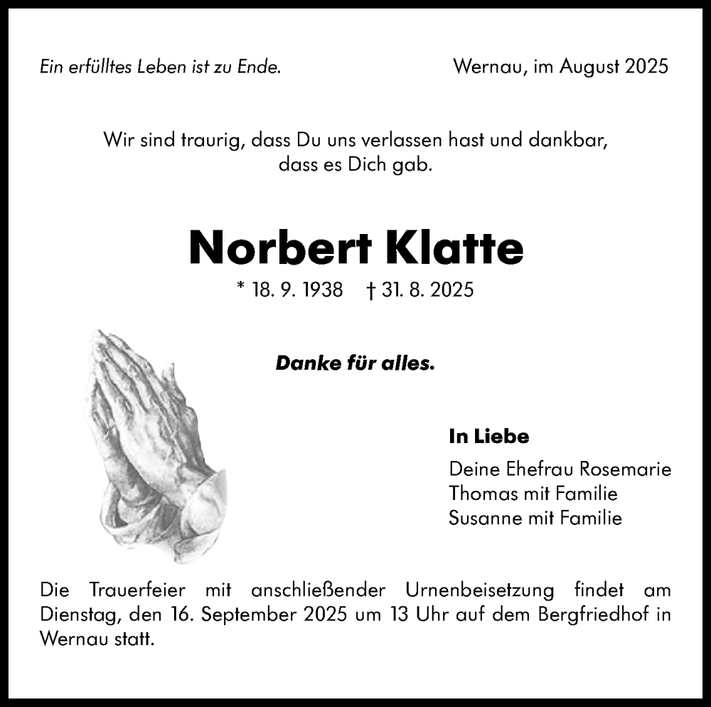  Traueranzeige für Norbert Klatte vom 08.09.2025 aus Eßlinger Zeitung
